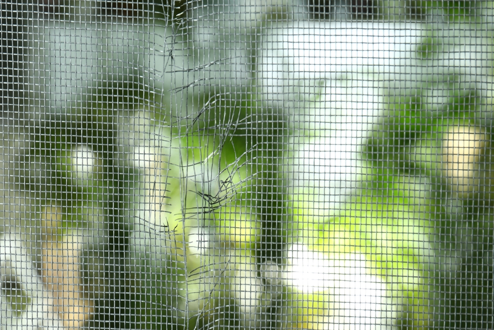 A close up of a torn window screen